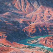 Unkar Delta Cloud Shadows Painting by Brenda Howell showing exciting light and cloud shadows on canyon formations in Grand Canyon.